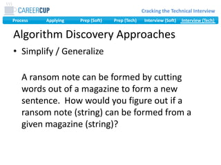 Algorithm GenerationPattern MatchingWhat problem is this similar to?Simplify / GeneralizeWhat if the data was a different type?Base Case & BuildCan you do this just for element 1? 1 and 2? …Data Structure BrainstormGo through all data structures – can they help?#1Standard Coding and Algorithms