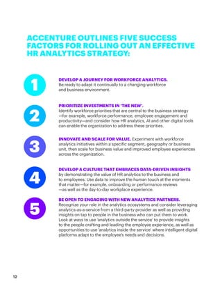 12
DEVELOP A JOURNEY FOR WORKFORCE ANALYTICS.
Be ready to adapt it continually to a changing workforce
and business environment.
PRIORITIZE INVESTMENTS IN ‘THE NEW’.
Identify workforce priorities that are central to the business strategy
—for example, workforce performance, employee engagement and
productivity—and consider how HR analytics, AI and other digital tools
can enable the organization to address these priorities.
INNOVATE AND SCALE FOR VALUE. Experiment with workforce
analytics initiatives within a specific segment, geography or business
unit, then scale for business value and improved employee experiences
across the organization.
DEVELOP A CULTURE THAT EMBRACES DATA-DRIVEN INSIGHTS
by demonstrating the value of HR analytics to the business and
to employees. Use data to improve the human touch at the moments
that matter—for example, onboarding or performance reviews
—as well as the day-to-day workplace experience.
BE OPEN TO ENGAGING WITH NEW ANALYTICS PARTNERS.
Recognize your role in the analytics ecosystems and consider leveraging
analytics-as-a-service from a third-party provider as well as providing
insights on tap to people in the business who can put them to work.
Look at ways to use ‘analytics outside the service’ to provide insights
to the people crafting and leading the employee experience, as well as
opportunities to use ‘analytics inside the service’ where intelligent digital
platforms adapt to the employee’s needs and decisions.
1
2
3
4
5
ACCENTURE OUTLINES FIVE SUCCESS
FACTORS FOR ROLLING OUT AN EFFECTIVE
HR ANALYTICS STRATEGY:
 