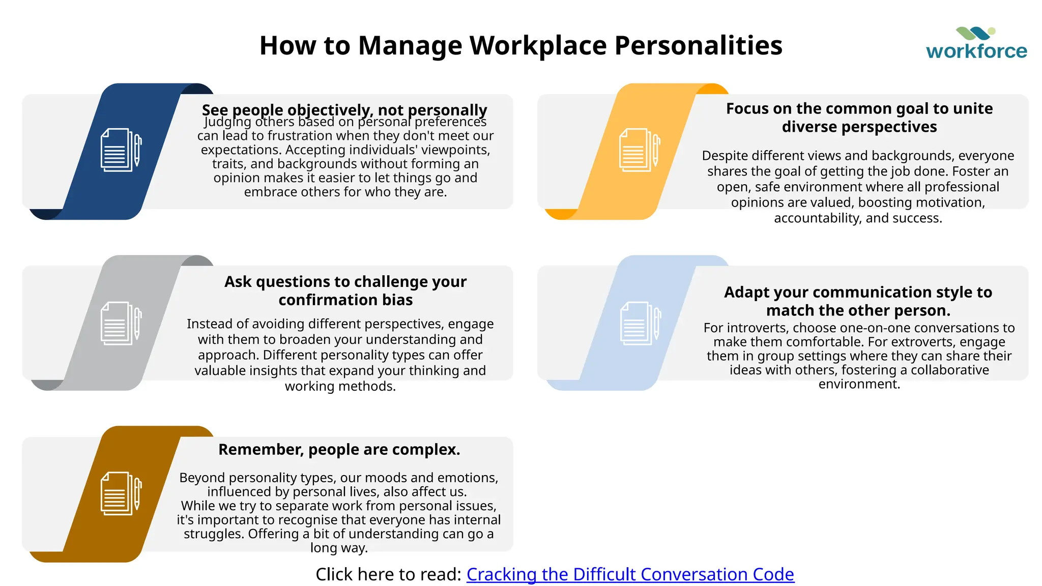 How to Manage Workplace Personalities
See people objectively, not personally
Judging others based on personal preferences
can lead to frustration when they don't meet our
expectations. Accepting individuals' viewpoints,
traits, and backgrounds without forming an
opinion makes it easier to let things go and
embrace others for who they are.
Ask questions to challenge your
confirmation bias
Instead of avoiding different perspectives, engage
with them to broaden your understanding and
approach. Different personality types can offer
valuable insights that expand your thinking and
working methods.
Focus on the common goal to unite
diverse perspectives
Despite different views and backgrounds, everyone
shares the goal of getting the job done. Foster an
open, safe environment where all professional
opinions are valued, boosting motivation,
accountability, and success.
Adapt your communication style to
match the other person.
For introverts, choose one-on-one conversations to
make them comfortable. For extroverts, engage
them in group settings where they can share their
ideas with others, fostering a collaborative
environment.
Remember, people are complex.
Beyond personality types, our moods and emotions,
influenced by personal lives, also affect us.
While we try to separate work from personal issues,
it's important to recognise that everyone has internal
struggles. Offering a bit of understanding can go a
long way.
Click here to read: Cracking the Difficult Conversation Code
 