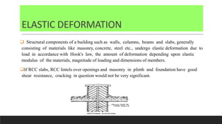 ELASTIC DEFORMATION
 Structural components of a building such as walls, columns, beams and slabs, generally
consisting of materials like masonry, concrete, steel etc., undergo elastic deformation due to
load in accordance with Hook's law, the amount of deformation depending upon elastic
modulus of the materials, magnitude of loading and dimensions of members.
If RCC slabs, RCC lintels over openings and masonry in plinth and foundation have good
shear resistance, cracking in question would not be very significant.
 