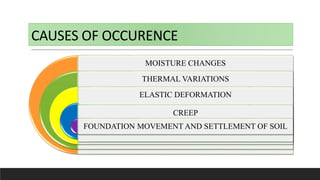 CAUSES OF OCCURENCE
MOISTURE CHANGES
THERMAL VARIATIONS
ELASTIC DEFORMATION
CREEP
FOUNDATION MOVEMENT AND SETTLEMENT OF SOIL
 