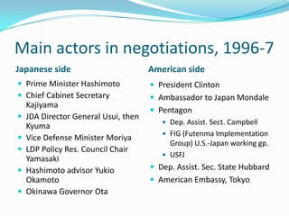 Main actors in negotiations, 1996-7
Japanese side                         American side
 Prime Minister Hashimoto             President Clinton
 Chief Cabinet Secretary              Ambassador to Japan Mondale
    Kajiyama
                                       Pentagon
   JDA Director General Usui, then
                                          Dep. Assist. Sect. Campbell
    Kyuma
                                          FIG (Futenma Implementation
   Vice Defense Minister Moriya
                                           Group) U.S.-Japan working gp.
   LDP Policy Res. Council Chair
                                          USFJ
    Yamasaki
   Hashimoto advisor Yukio            Dep. Assist. Sec. State Hubbard
    Okamoto                            American Embassy, Tokyo
   Okinawa Governor Ota
 