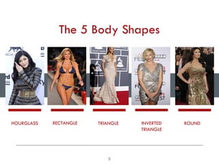 The 5 Body Shapes
HOURGLASS RECTANGLE ROUND
TRIANGLE INVERTED
TRIANGLE
5
 
