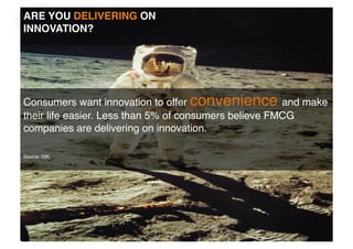 Consumers want innovation to offer convenience and make
their life easier. Less than 5% of consumers believe FMCG
companies are delivering on innovation.!
Source: GfK!

 