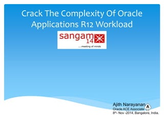 Crack The Complexity Of Oracle
Applications R12 Workload
Ajith Narayanan
Oracle ACE Associate
8th- Nov -2014, Bangalore, India.
 