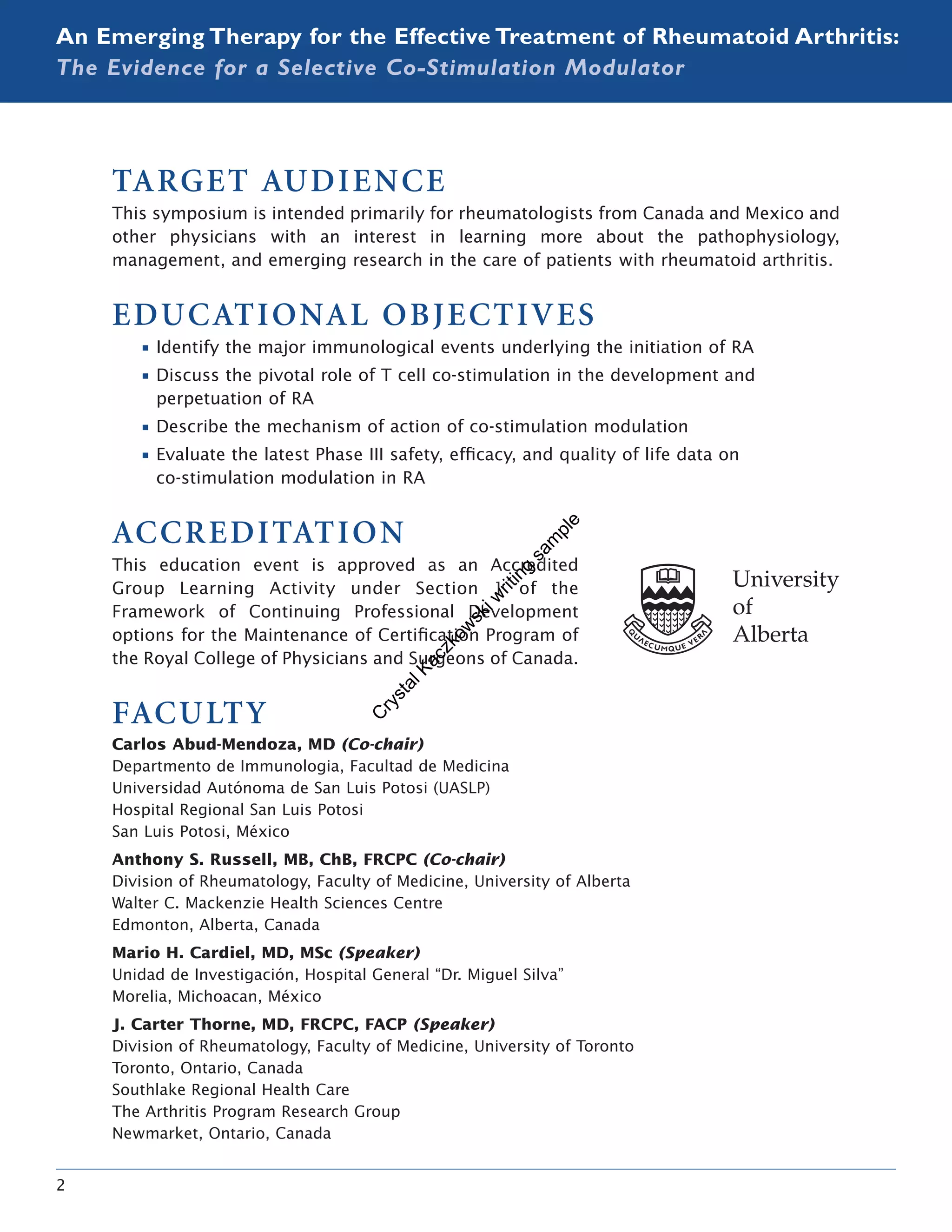 Rhematoid Arthritis_CME symposium program abstracts and introduction written by Crystal Kaczkowski