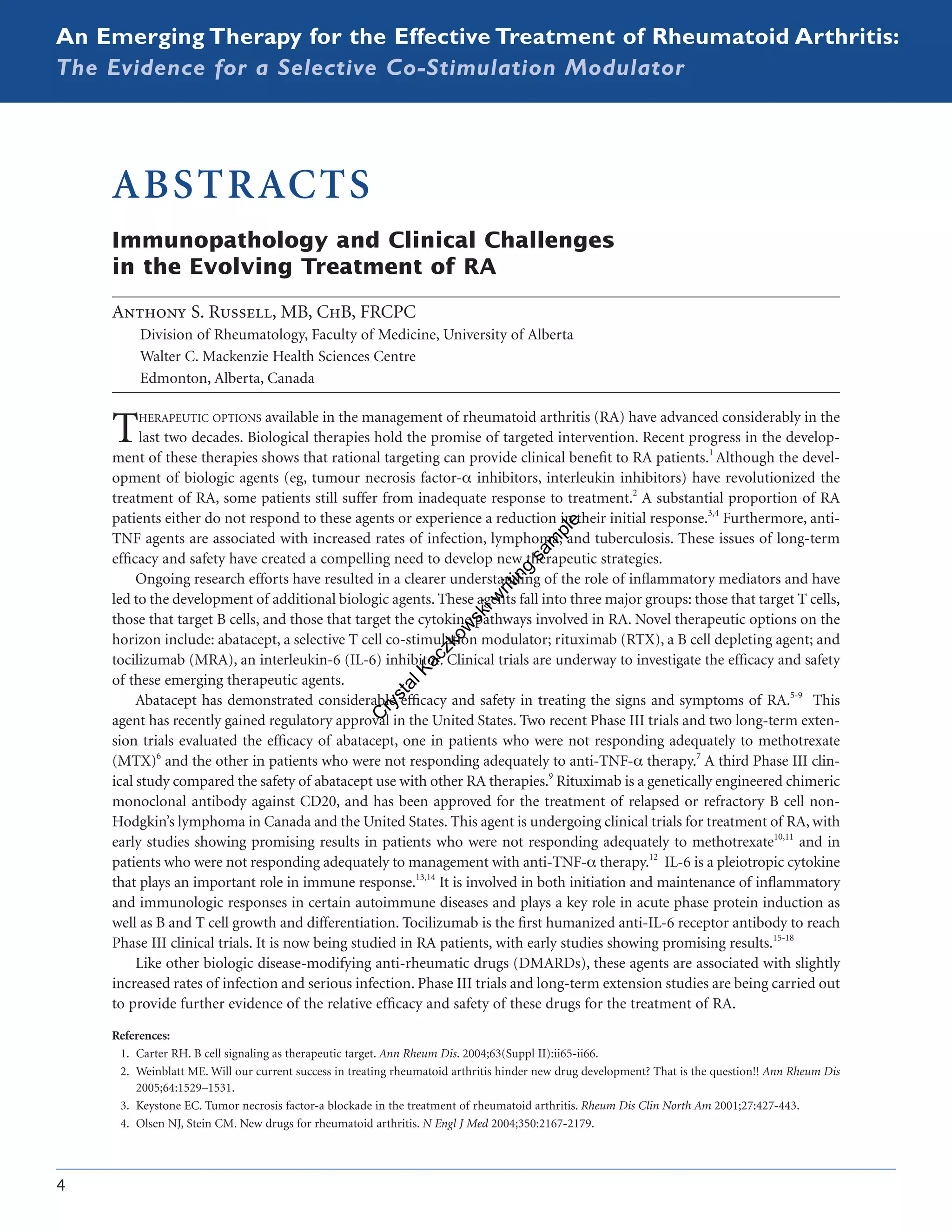 Rhematoid Arthritis_CME symposium program abstracts and introduction written by Crystal Kaczkowski