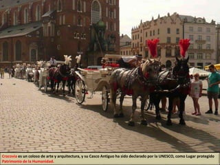 Cracovia es un coloso de arte y arquitectura, y su Casco Antiguo ha sido declarado por la UNESCO, como Lugar protegido
Patrimonio de la Humanidad.
 