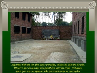 Algumas tinham seu fim nesse paredão, outras na câmara de gás.  Observe que as janelas dos pavilhões laterais eram  fechadas,  para que seus ocupantes não presenciassem as execuções  