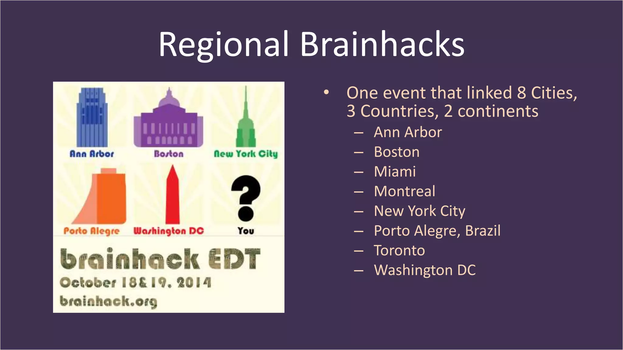 Regional Brainhacks
• One event that linked 8 Cities,
3 Countries, 2 continents
– Ann Arbor
– Boston
– Miami
– Montreal
– New York City
– Porto Alegre, Brazil
– Toronto
– Washington DC
 