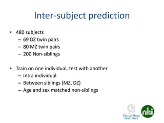 Inter-subject prediction
• 480 subjects
– 69 DZ twin pairs
– 80 MZ twin pairs
– 200 Non-siblings
• Train on one individual, test with another
– Intra individual
– Between siblings (MZ, DZ)
– Age and sex matched non-siblings
 