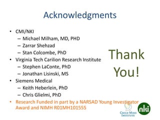 Acknowledgments
• CMI/NKI
– Michael Milham, MD, PHD
– Zarrar Shehzad
– Stan Colcombe, PhD
• Virginia Tech Carilion Research Institute
– Stephen LaConte, PhD
– Jonathan Lisinski, MS
• Siemens Medical
– Keith Heberlein, PhD
– Chris Glielmi, PhD
• Research Funded in part by a NARSAD Young Investigator
Award and NIMH R01MH101555
Thank
You!
 