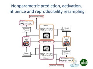 Nonparametric prediction, activation,
influence and reproducibility resampling
Predicted Time Course
Observed Time Course
Features
Dataset 1
Observed Time Course
Features
Dataset 2
Model
Estimation
Model
Estimation
wixi+b
i
Prediction
Prediction Accuracy
Reproducibility
Prediction
wixi+b
i
Predicted Time Course
Prediction Accuracy
Network
Model
Network
Model
B
A
 