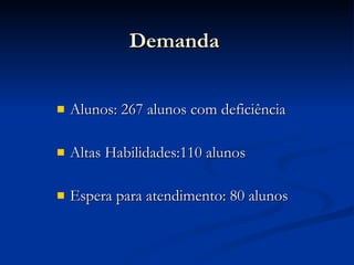 Demanda   Alunos: 267 alunos com deficiência  Altas Habilidades:110 alunos Espera para atendimento: 80 alunos 