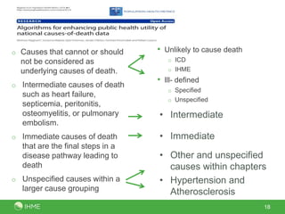 o Causes that cannot or should    • Unlikely to cause death
  not be considered as               o ICD

  underlying causes of death.        o IHME
                                  • Ill- defined
o Intermediate causes of death
                                     o Specified
  such as heart failure,
                                     o Unspecified
  septicemia, peritonitis,
  osteomyelitis, or pulmonary     • Intermediate
  embolism.
o Immediate causes of death       • Immediate
  that are the final steps in a
  disease pathway leading to      • Other and unspecified
  death                             causes within chapters
o Unspecified causes within a     • Hypertension and
  larger cause grouping             Atherosclerosis
                                                              18
 