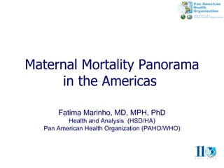 Maternal Mortality Panorama
     in the Americas

      Fatima Marinho, MD, MPH, PhD
         Health and Analysis (HSD/HA)
  Pan American Health Organization (PAHO/WHO)
 