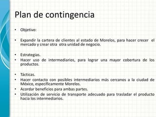 Plan de contingencia
• Objetivo:
• Expandir la cartera de clientes al estado de Morelos, para hacer crecer el
mercado y crear otra otra unidad de negocio.
• Estrategias.
• Hacer uso de intermediarios, para lograr una mayor cobertura de los
productos.
• Tácticas.
• Hacer contacto con posibles intermediarios más cercanos a la ciudad de
México, específicamente Morelos.
• Acordar beneficios para ambas partes.
• Utilización de servicio de transporte adecuado para trasladar el producto
hacia los intermediarios.
 