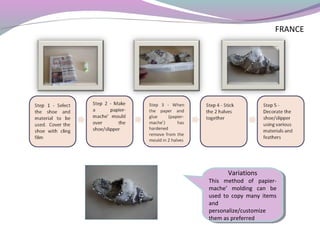 FRANCE
Variations
This method of papier-
mache’ molding can be
used to copy many items
and
personalize/customize
them as preferred
Variations
This method of papier-
mache’ molding can be
used to copy many items
and
personalize/customize
them as preferred
 