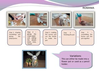 ROMANIA
Variations
This can either be made into a
flower pot or used as a pencil
holder.
Variations
This can either be made into a
flower pot or used as a pencil
holder.
Step 2 –
gluing the
crepe paper
and adding
the details
(eyes, nose,
mouth
 