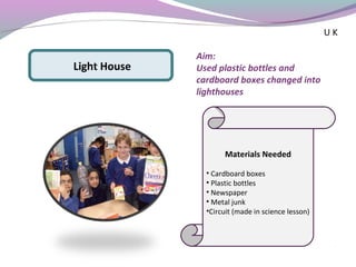 Aim:
Used plastic bottles and
cardboard boxes changed into
lighthouses
Materials Needed
• Cardboard boxes
• Plastic bottles
• Newspaper
• Metal junk
•Circuit (made in science lesson)
Light House
U K
 