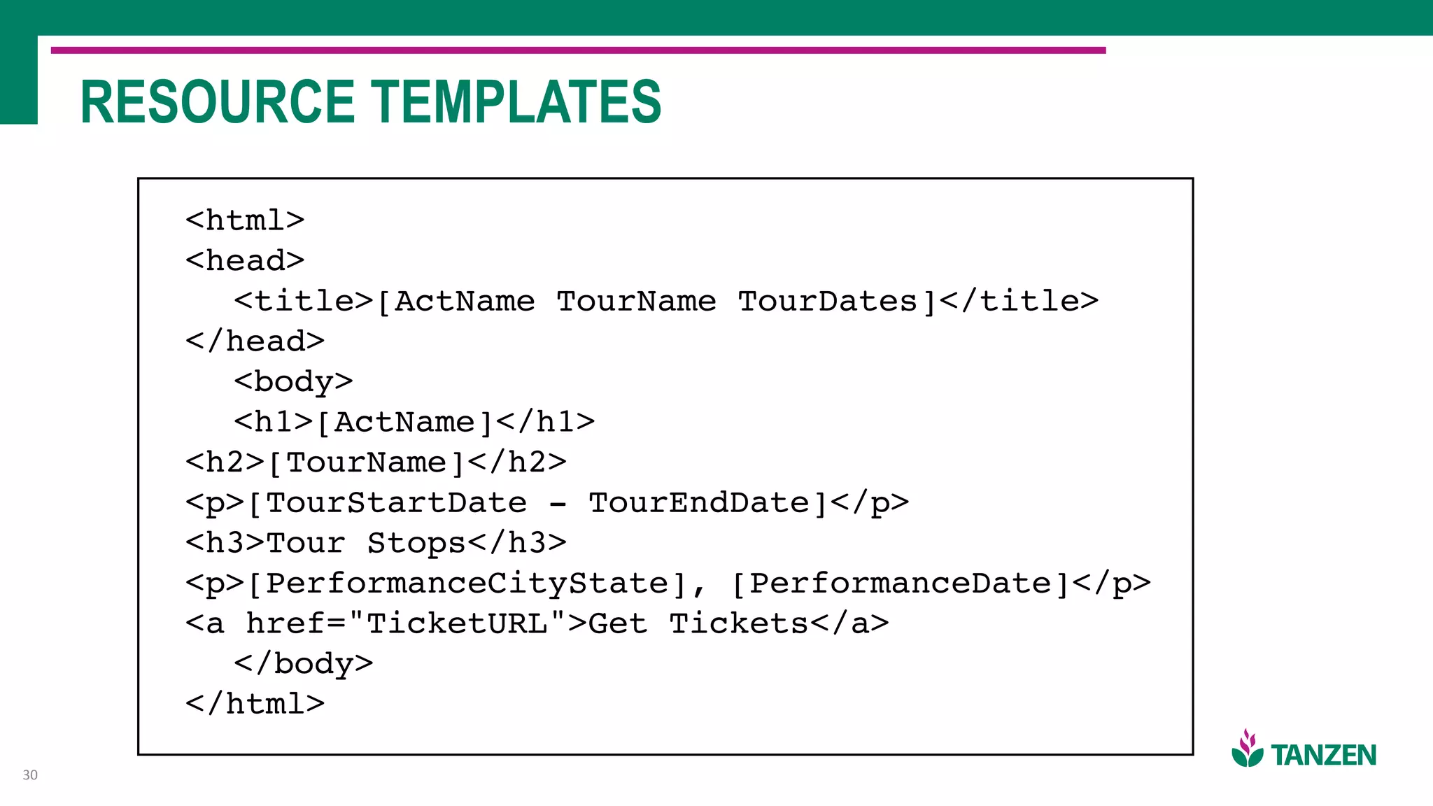 RESOURCE TEMPLATES
30
<html>
<head>
<title>[ActName TourName TourDates]</title>
</head>
<body>
<h1>[ActName]</h1>
<h2>[TourName]</h2>
<p>[TourStartDate - TourEndDate]</p>
<h3>Tour Stops</h3>
<p>[PerformanceCityState], [PerformanceDate]</p>
<a href="TicketURL">Get Tickets</a>
</body>
</html>
 