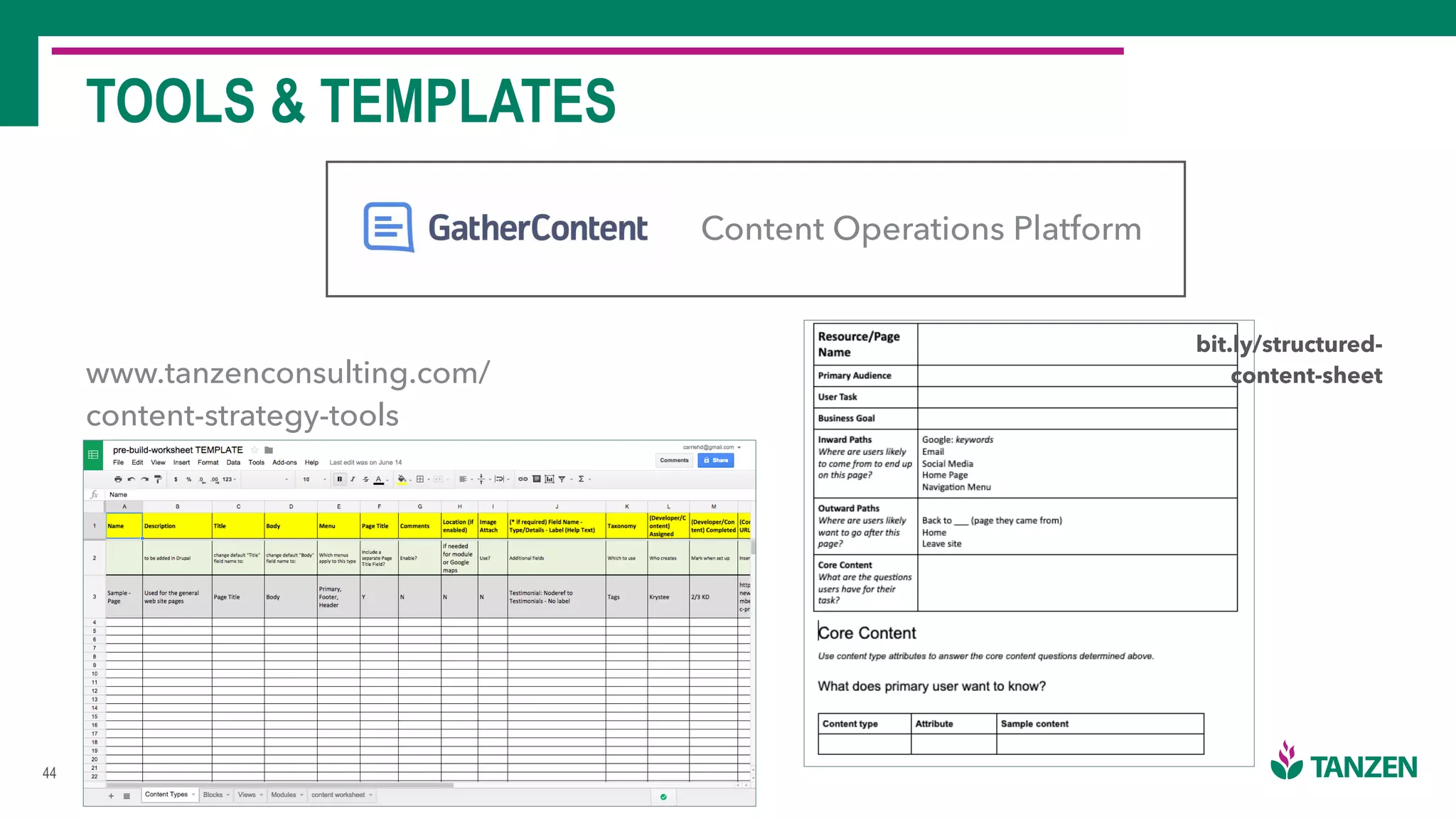 !44
TOOLS & TEMPLATES
www.tanzenconsulting.com/
content-strategy-tools
bit.ly/structured-
content-sheet
Content Operations Platform
 