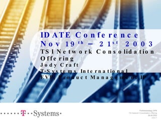 IDATE Conference Nov 19 th  – 21 st   2003 TSI Network Consolidation Offering   Jody Craft T-Systems International EVP, Product Management IP 