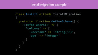 Install migration example
class Install extends InstallMigration
{
protected function defineSchema() {
'{{%foo_users}}' => [
'columns' => [
'username' => 'string(36)',
'age' => 'integer'
]
]
}
}
 