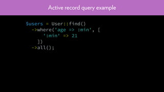 Active record query example
$users = User::find()
->where('age => :min', [
':min' => 21
])
->all();
 