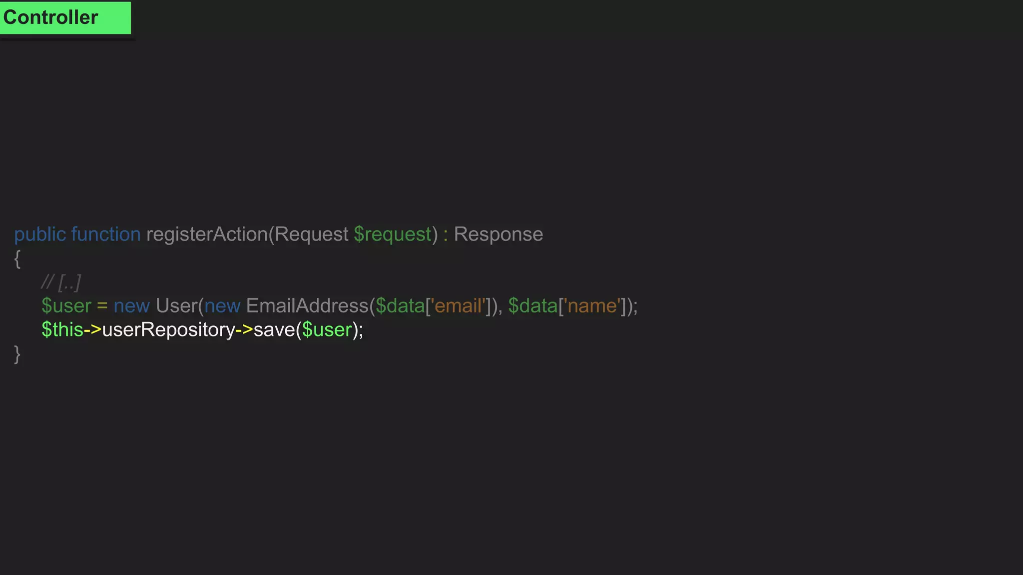 public function registerAction(Request $request) : Response
{
// [..]
$user = new User(new EmailAddress($data['email']), $data['name']);
$this->userRepository->save($user);
}
Controller
 