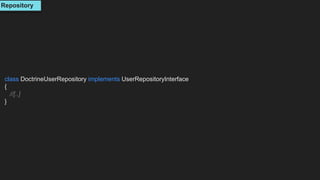 class DoctrineUserRepository implements UserRepositoryInterface
{
//[..]
}
Repository
 