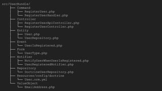 src/UserBundle/
├── Command
│ ├── RegisterUser.php
│ └── RegisterUserHandler.php
├── Controller
│ ├── RegisterUserApiController.php
│ └── RegisterUserController.php
├── Entity
│ ├── User.php
│ └── UserRepository.php
├── Event
│ └── UserIsRegistered.php
├── Form
│ └── UserType.php
├── Notifier
│ ├── NotifyUserWhenUserIsRegistered.php
│ └── UserRegisteredNotifier.php
├── Repository
│ └── DoctrineUserRepository.php
├── Resources/config/doctrine
│ └── User.orm.yml
└── ValueObject
└── EmailAddress.php
 