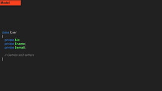 class User
{
private $id;
private $name;
private $email;
// Getters and setters
}
Model
 