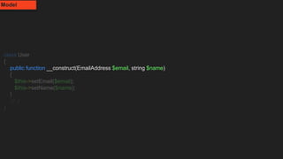 class User
{
public function __construct(EmailAddress $email, string $name)
{
$this->setEmail($email);
$this->setName($name);
}
//[..]
}
Model
 