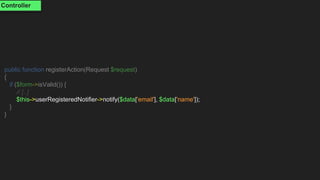 public function registerAction(Request $request)
{
if ($form->isValid()) {
// [..]
$this->userRegisteredNotifier->notify($data['email'], $data['name']);
}
}
Controller
 