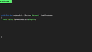 public function registerAction(Request $request) : JsonResponse
{
$data = $this->getRequestData($request);
}
Controller
 