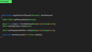 public function registerAction(Request $request) : JsonResponse
{
$data = $this->getRequestData($request);
$user = new User(new EmailAddress($data['email'], $data['name']);
$this->userRepository->save($user);
$this->userRegisteredNotifier->notify($data['email'], $data['name']);
return new JsonResponse(['id' => $user->getId()]);
}
Controller
 
