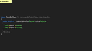 class RegisterUser // A command always has a clear intention
{
public function __construct(string $email, string $name)
{
$this->email = $email;
$this->name = $name;
}
// Getters
}
Command
 