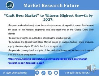 Market Research Future
+1 (339) 368 6938 (US) +44 208 133 9349 (UK)
“Craft Beer Market” to Witness Highest Growth by
2027:
•To provide detailed analysis of the market structure along with forecast for the next
10 years of the various segments and sub-segments of the Global Craft Beer
Market
•To provide insights about factors affecting the market growth
•To Analyse the Global Craft Beer Market based on various factors- price analysis,
supply chain analysis, Porter’s five force analysis etc.
•To provide country-level analysis of the market with respect to the current market
size and future prospective
https://www.marketresearchfuture.com/reports/global-craft-beer-market-
research-report-forecast-to-2027
 