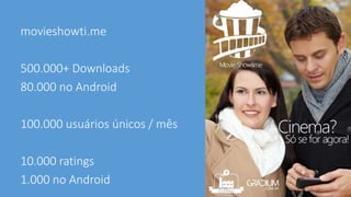 movieshowti.me 
500.000+ Downloads 
80.000 no Android 
100.000 usuários únicos / mês 
10.000 ratings 
1.000 no Android 
 