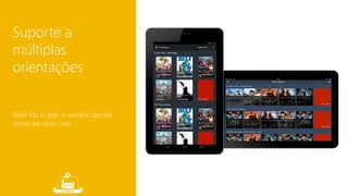 Suporte a 
múltiplas 
orientações 
Você faz o app, o usuário decide 
como ele quer usar 
 