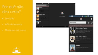 Por quê não 
deu certo? 
• Lentidão 
• APIs de terceiros 
• Destaque nas stores 
 