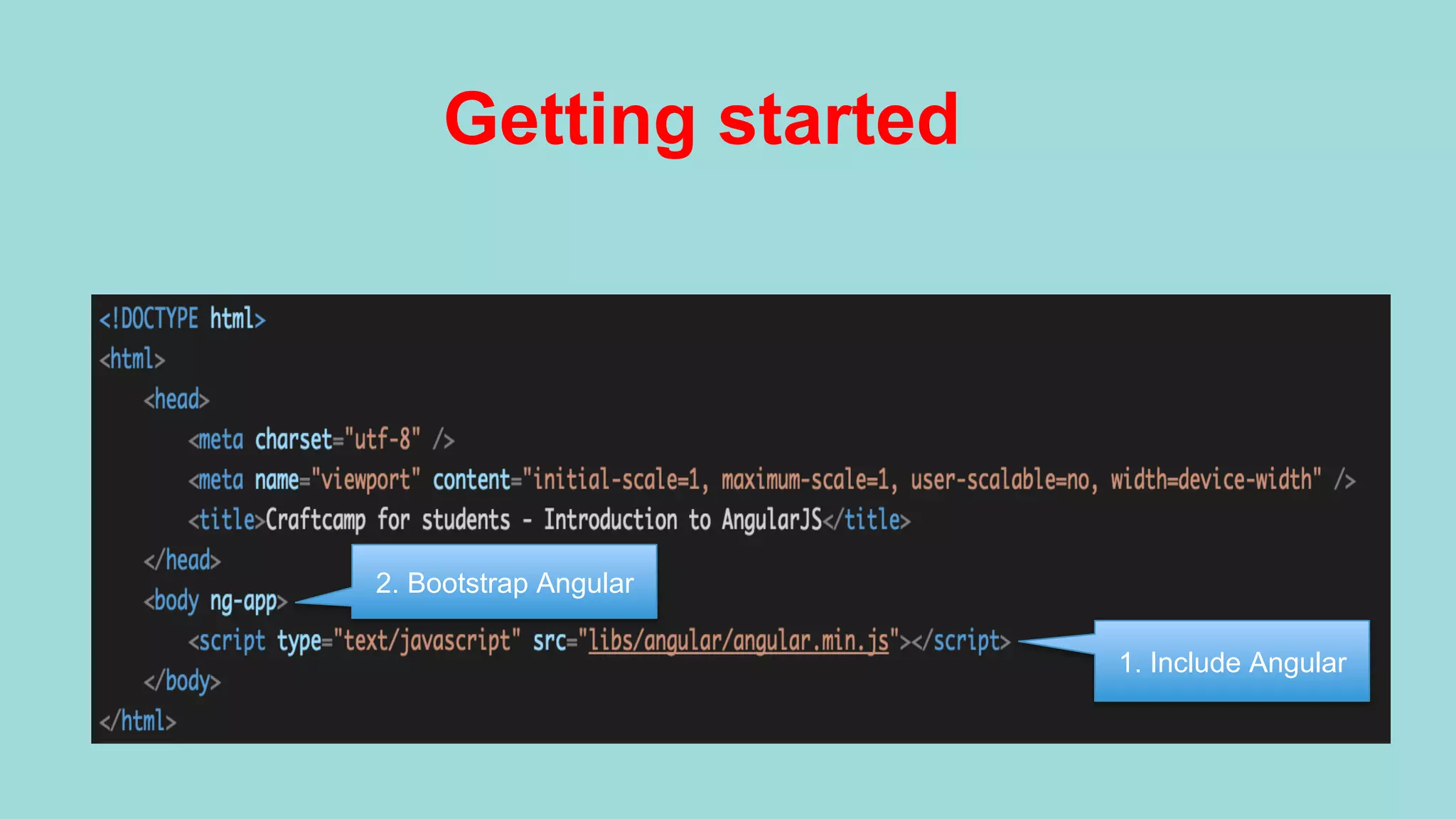 Getting started 1. Include Angular 2. Bootstrap Angular 