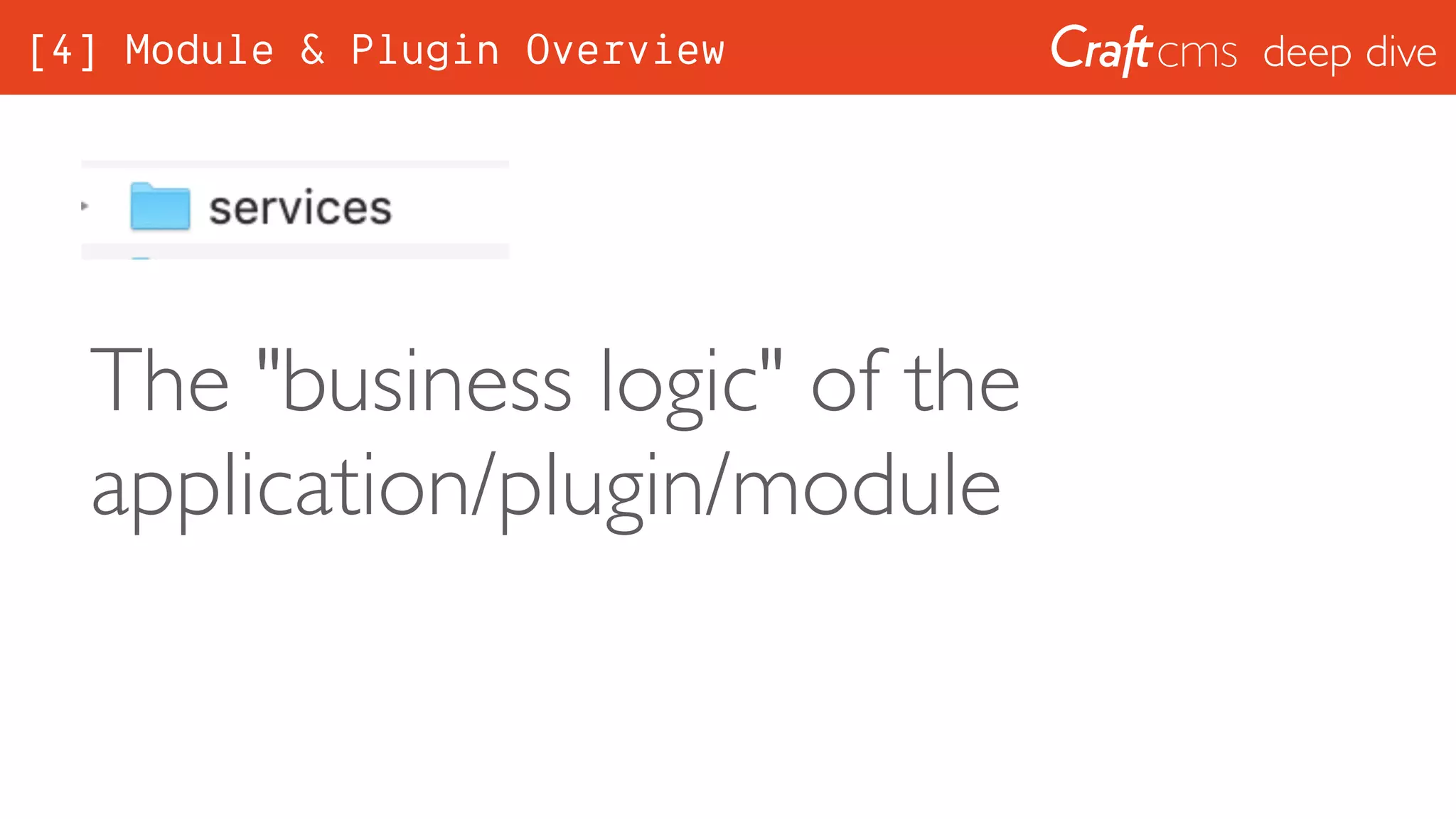 deep dive
The "business logic" of the
application/plugin/module
[4] Module & Plugin Overview
 