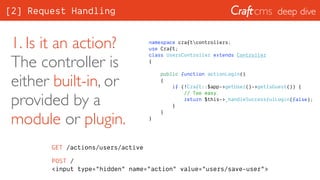 deep dive
namespace craftcontrollers;
use Craft;
class UsersController extends Controller
{
public function actionLogin()
{
if (!Craft::$app->getUser()->getIsGuest()) {
// Too easy.
return $this->_handleSuccessfulLogin(false);
}
}
}
1. Is it an action? 
The controller is
either built-in, or
provided by a
module or plugin.
GET /actions/users/active
POST / 
<input type="hidden" name="action" value="users/save-user">
[2] Request Handling
 
