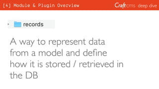 deep dive
A way to represent data
from a model and deﬁne
how it is stored / retrieved in
the DB
[4] Module & Plugin Overview
 