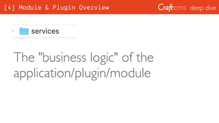 deep dive
The "business logic" of the
application/plugin/module
[4] Module & Plugin Overview
 