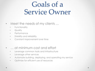 Goals of a
Service Owner
• Meet the needs of my clients …
• Functionality
• Quality
• Performance
• Stability and reliability
• Constant improvement over time
• … at minimum cost and effort
• Leverage common tools and infrastructure
• Leverage other services
• Automate building, deploying, and operating my service
• Optimize for efficient use of resources
 