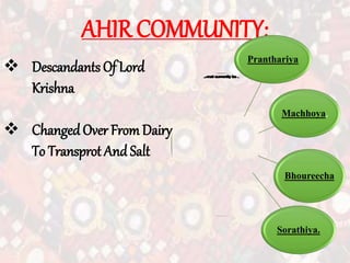 AHIR COMMUNITY:
Pranthariya
Machhoya,
Bhoureecha
Sorathiya.
 Descandants Of Lord
Krishna
 ChangedOver From Dairy
To Transprot And Salt
 