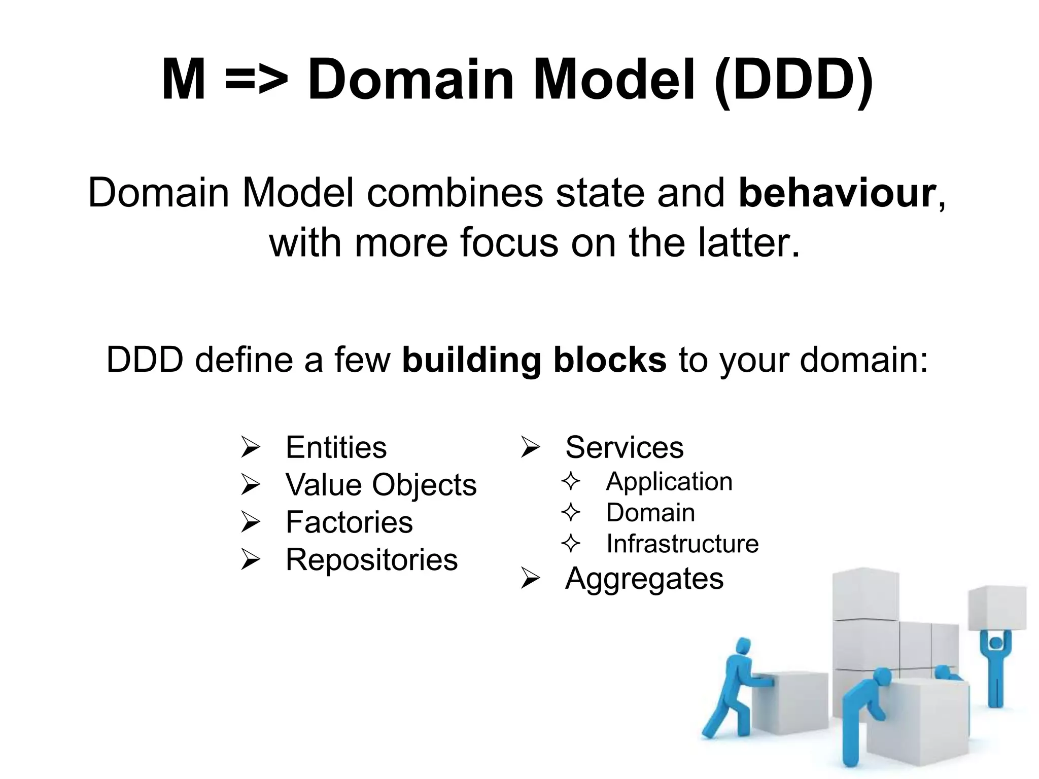 M => Domain Model (DDD)
Domain Model combines state and behaviour,
with more focus on the latter.
DDD define a few building blocks to your domain:
 Entities
 Value Objects
 Factories
 Repositories
 Services
 Application
 Domain
 Infrastructure
 Aggregates
 